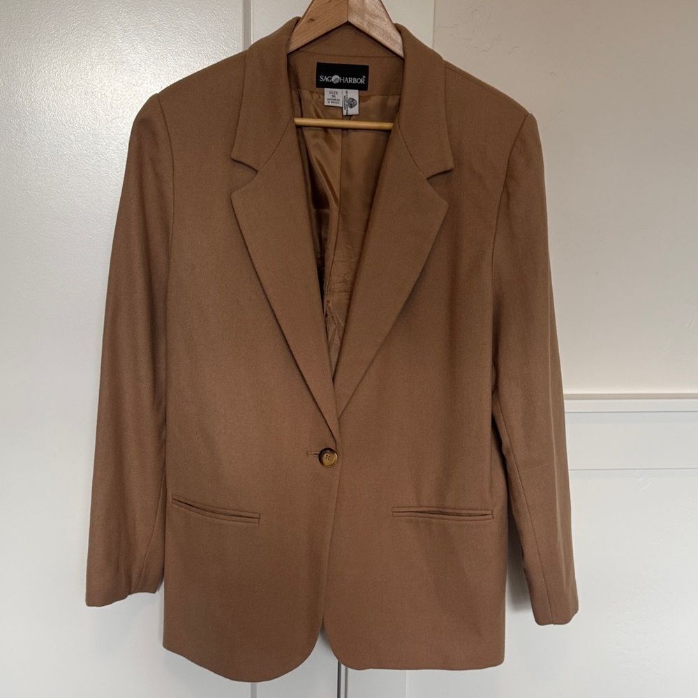 Sag Harbor Vintage Women’s Tan 100% Pure New Virgin Wool Blazer Jacket Size 16 - Picture 3 of 12